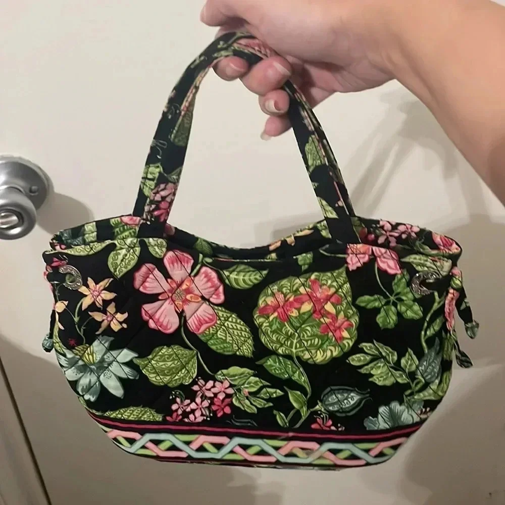 Vera Bradley Quilted Black Floral Tote with Pink and Green Accents